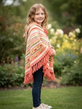 Kids size M, hooded Poncho-Peaches & Cream coloring.